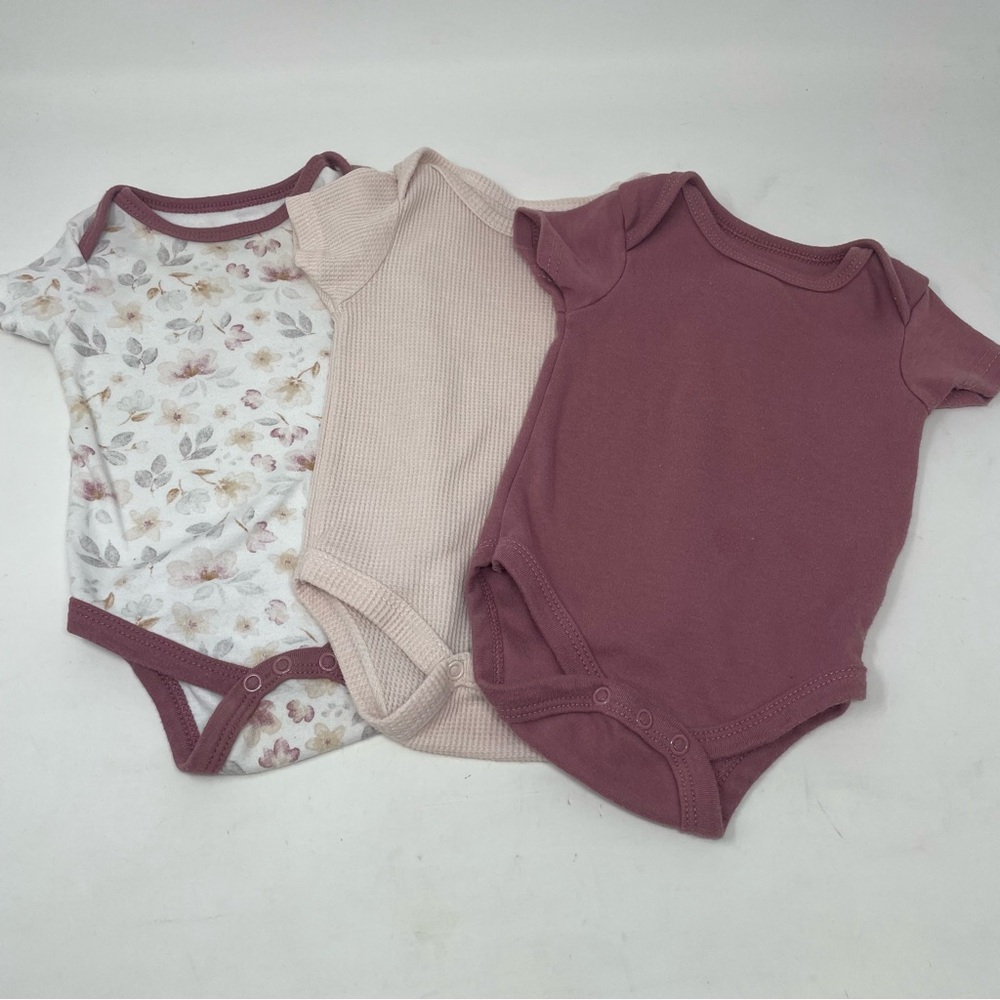Baby 3pk Purple Peach Waffle Floral Short Sleeve Onesies Size 3-6m